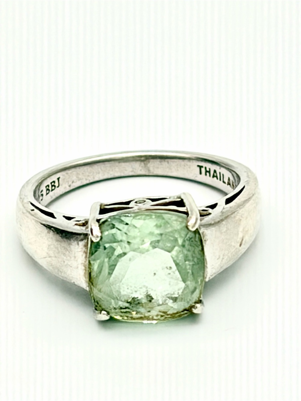 BBJ Seafoam Green Prasiolite Cushion Cut Gemstone Ring Sterling Silver,  7.75